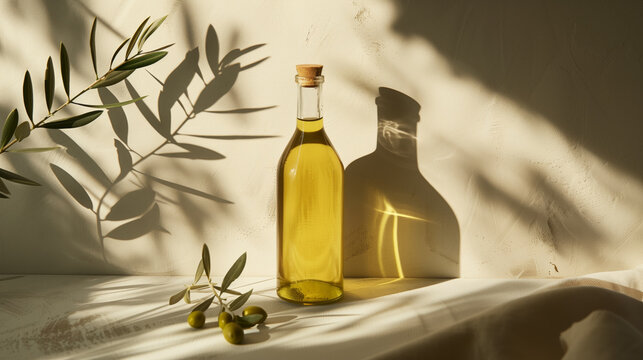 Bottle of extra virgin olive oil with olives on concrete background