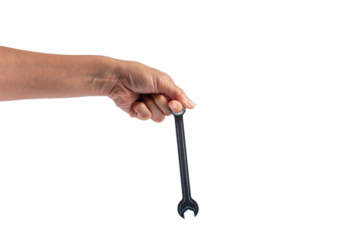 Hand holding a wrench isolated on transparent background.