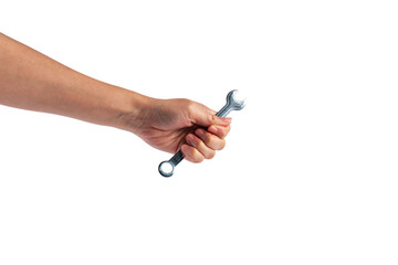 Fototapeta premium Hand holding a wrench isolated on transparent background.
