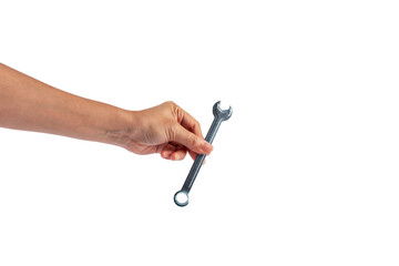 Hand holding a wrench isolated on transparent background.