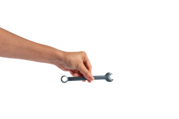 Hand holding a wrench isolated on transparent background.