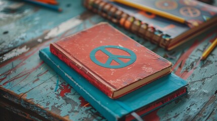 A red book with a peace symbol on the cover sits on a wooden table