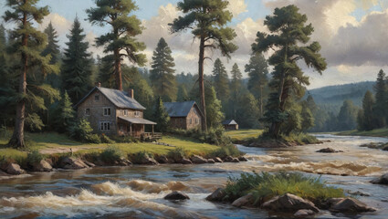 Fototapeta premium A dramatic oil painting with bold, textured brushstrokes of a riverside cottage, with a gently flowing river and towering pine trees, Generative AI