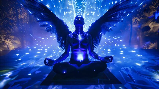 A meditating being with wings and a chakra system glowing