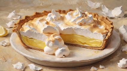 A delightful oil painting with dense, layered paint depicting a slice of lemon meringue pie with a fluffy meringue topping, Generative AI
