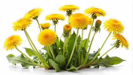 Dandelion plant with yellow flowers on white background