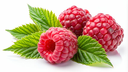 Three juicy raspberries with a leaf on a white background