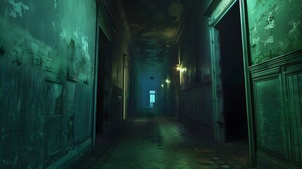 Haunted Corridor with Mysterious Shadows and Eerie Lighting in Abandoned Gothic Building