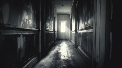 Fototapeta premium Haunting Corridor of Shadows A Sinister Hallway Shrouded in Mystery and Eeriness