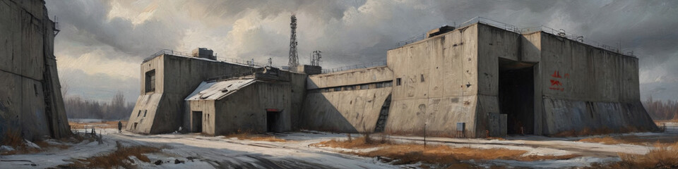 Fototapeta premium A dramatic oil painting with thick, textured layers depicting a massive Soviet-style atomic shelter with angular concrete walls and stark industrial features, Generative AI