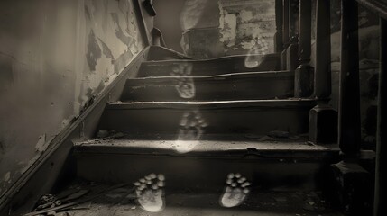 Haunting Staircase with Ghostly Footprints Ascending into the Darkness