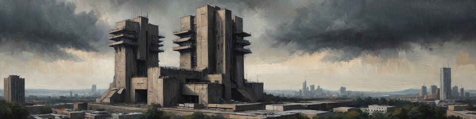 Fototapeta premium A dramatic oil painting with thick, textured layers depicting a towering, ominous brutalist structure dominating an open urban landscape, Generative AI