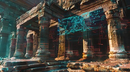 Holographic Alien Map Overlaying Ancient Temple Ruins in Mystical Landscape
