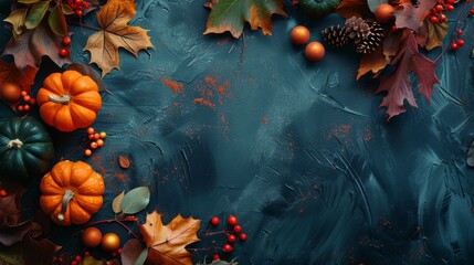 A blue background with a variety of fall foliage including leaves, pumpkins