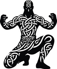 Fototapeta premium monk shaolin warrior in silhouete with celtic knot pattern illustration