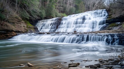 Fototapeta premium Mesmerizing Long Exposure Shot of a Cascading Waterfall in a Lush Woodland Landscape