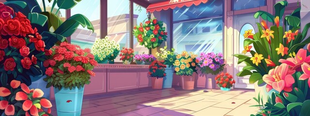 Obraz premium Cozy corner in a modern shopping center, where a variety of flowers and bouquets are presented.