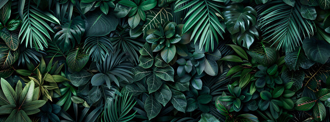 wall of tropical plants, dark green leaves, jungle background, banner,


