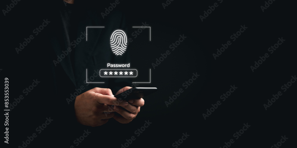 Poster businessman holding smartphone with fingerprint authentication and password screen. symbolizes digit
