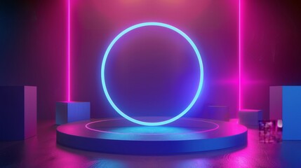 Podium background 3D light tech stage future platform game abstract. Podium 3D background technology room product circle glow effect portal stand studio scene white design ring modern display space 