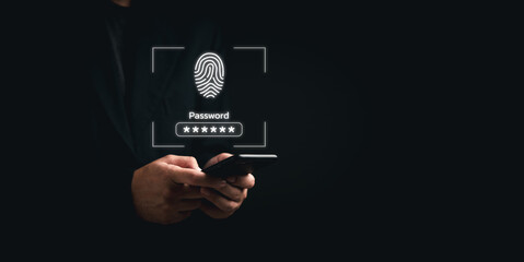 Businessman holding smartphone with fingerprint authentication and password screen. Symbolizes...