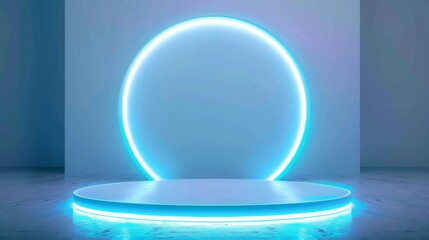 Podium background 3D light tech stage future platform game abstract. Podium 3D background technology room product circle glow effect portal stand studio scene white design ring modern display space 