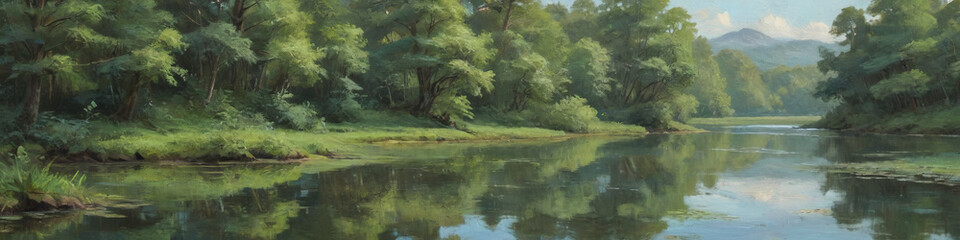 A serene oil painting of a calm lake surrounded by lush greenery, the thick, textured paint capturing the reflections and tranquility of the scene, Generative AI