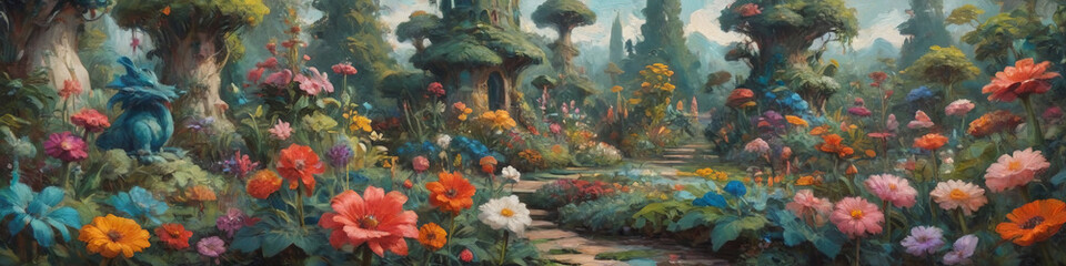 Fototapeta premium A whimsical oil painting of a fantastical garden filled with oversized flowers and magical creatures, the thick layers of paint bringing the scene to life, Generative AI