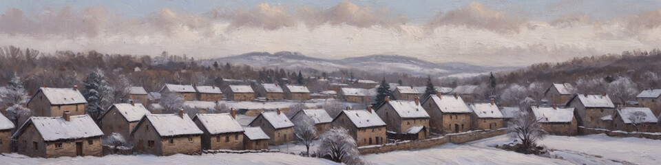 A nostalgic oil painting of a quiet village in winter, the thick, textured paint conveying the stillness and beauty of snow-covered rooftops and trees, Generative AI