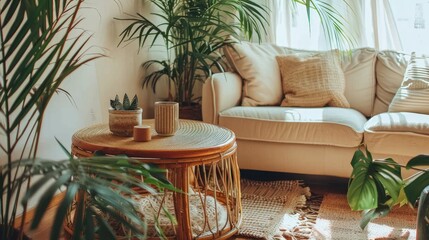 Fototapeta premium Interior Design Of A Living Room With A Small Table, Sofa, White Walls, And Plants, High Quality, HD