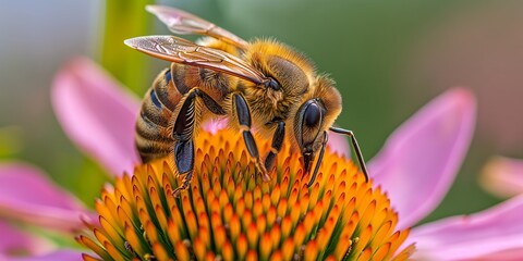 Fototapeta premium Extremely detailed macro photography of a bee pollinating a vibrant echinacea flower, showcasing fine details