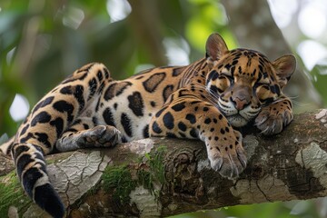 A clouded leopard resting on a tree branch in a dense rainforest, its beautiful, cloud-like spots and graceful posture showcased in the dappled sunlight. 