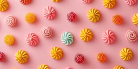 Obraz premium Overhead shot of a delightful assortment of colorful candies neatly arranged on a pink background