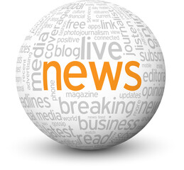NEWS orange and gray word cloud on sphere with drop shadow on transparent background