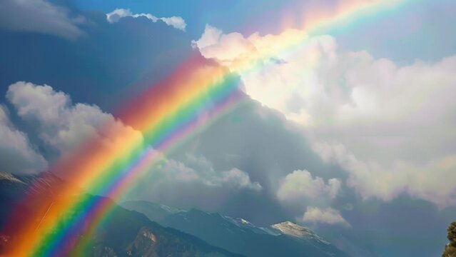 Vivid rainbow arching over a picturesque mountain landscape, with dramatic clouds and lush greenery, creating a vibrant and enchanting scene.	
