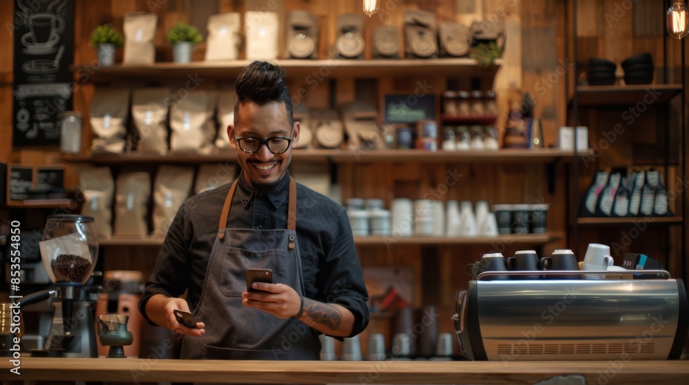 Poster The barista with mobile phone