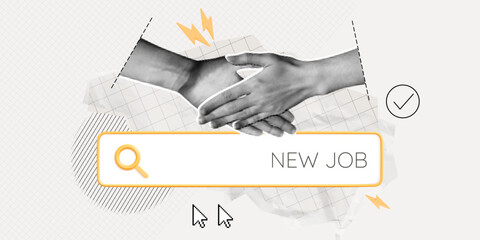 Trendy Halftone Collage Online Job Hiring. Handshake and search bar. Business agreement and remote working concept. Job deal. Career training. Contemporary vector art illustration