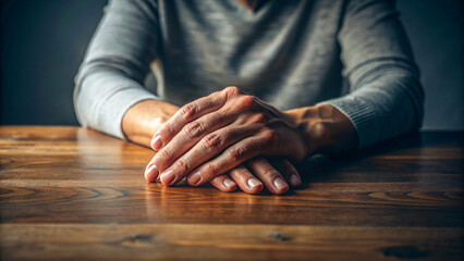 A person sits with his hands on a wooden table.