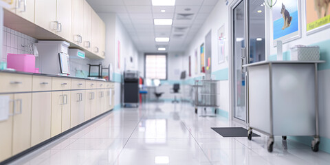 corridor in hospital, A veterinary clinic with medical equipment, pet care posters, and a clean examination room
