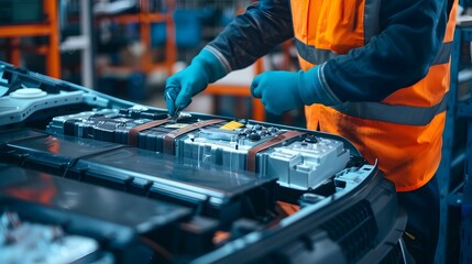 Naklejka premium Technician Repairing Electric Vehicle Battery Pack in Workshop