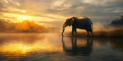 Fototapeta premium A captivating image of an elephant walking through a river with the rising sun casting a misty glow over the scene