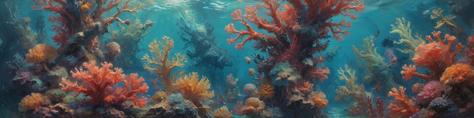 Fototapeta premium Ethereal creatures and vibrant corals come to life in bold, textured oil strokes, creating a surreal underwater realm filled with mystery and wonder, Generative AI