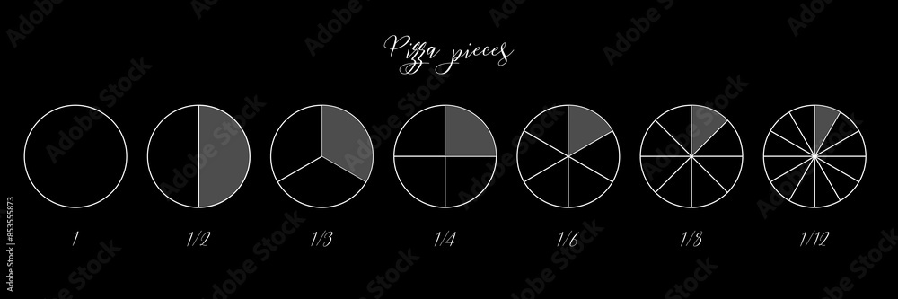 Poster pizza slices. circle pie divided in segments from 1 to 12 isolated on black background. round shape 