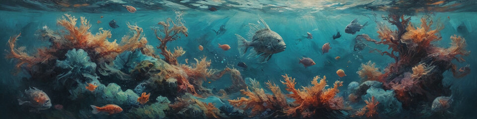Fototapeta premium Enigmatic underwater scenes come alive with bold, textured oil strokes, capturing the essence of a surreal marine world beyond ordinary perception, Generative AI
