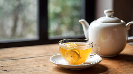Hot steaming fresh lemon tea on a dark wooden table