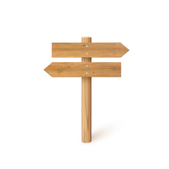 3d wooden signboard vector illustration. Realistic wood sign post. Blank arrow with wood texture, plywood road pointer. City guidance