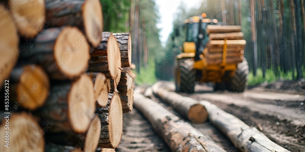 Poster utilizing a tractor loader grab crane for transporting coniferous logs in deforestation operations. 