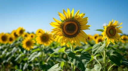 Vibrant Sunflower Field Blooming Under Clear Blue Sky