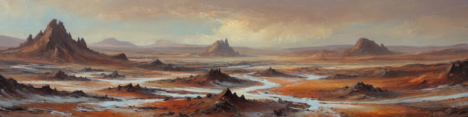 Naklejka premium Raw wastelands on a barren planet are depicted with thick, textured oil layers, showcasing diverse atmospheric conditions from scorching heat to freezing cold, Generative AI