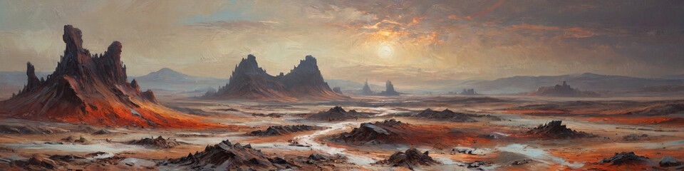 Naklejka premium Raw wastelands on a barren planet are depicted with thick, textured oil layers, showcasing diverse atmospheric conditions from scorching heat to freezing cold, Generative AI